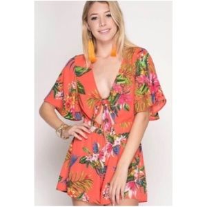 She & Shy Tropical Tie Front Romper
